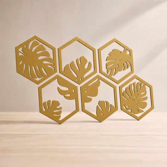 Cuadro Hexagonos Hojas Tropicales — Dorado