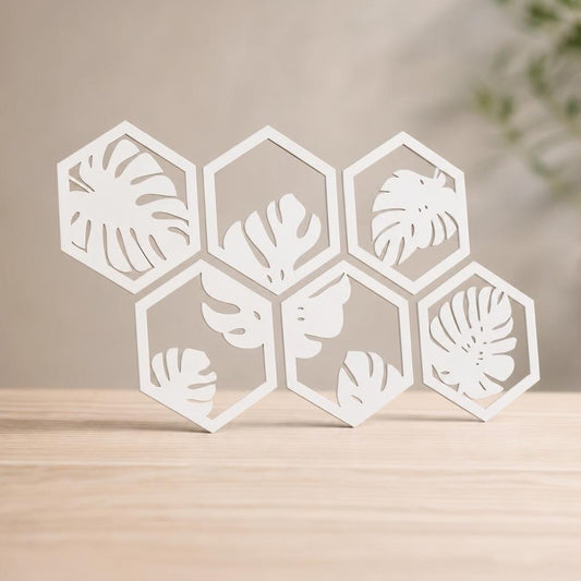 Cuadro Hexagonos Hojas Tropicales — Blanco
