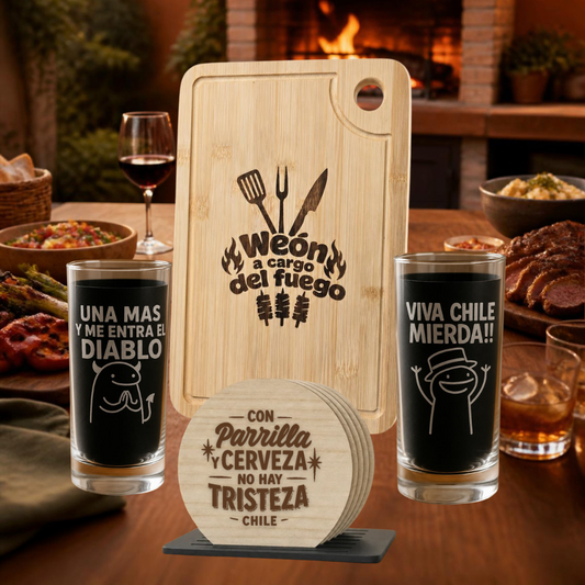Pack Parrillero — Tabla vertical + 2 Vasos + Posavasos
