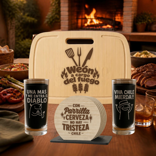 Pack Parrillero — Tabla Horizontal + 2 Vasos + Posavasos