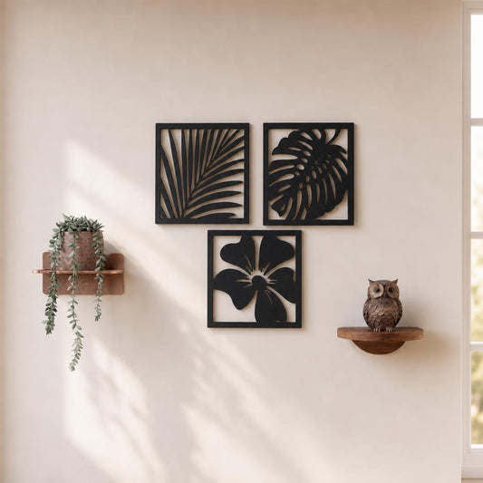 Triptico Botanico Palma Monstera y Flor